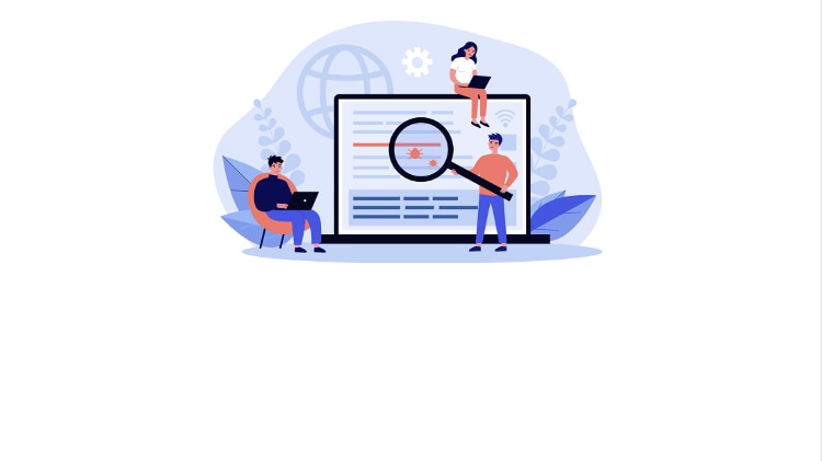 3 clip art figures wearing orange and blue sitting around or on top of an open black laptop with a light and dark blue screen depicting lines of code