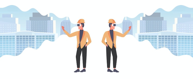 2 animated men in yellow jackets and construction hats staring at blue buildings