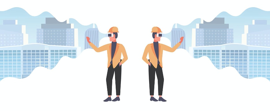 2 animated men in yellow jackets and construction hats staring at blue buildings
