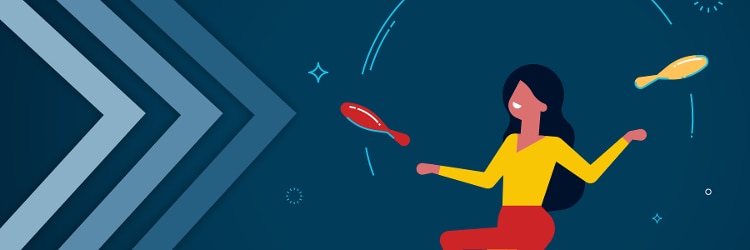 vector image of woman on juggling on unicycle, with 3 blue chevrons entering image from left