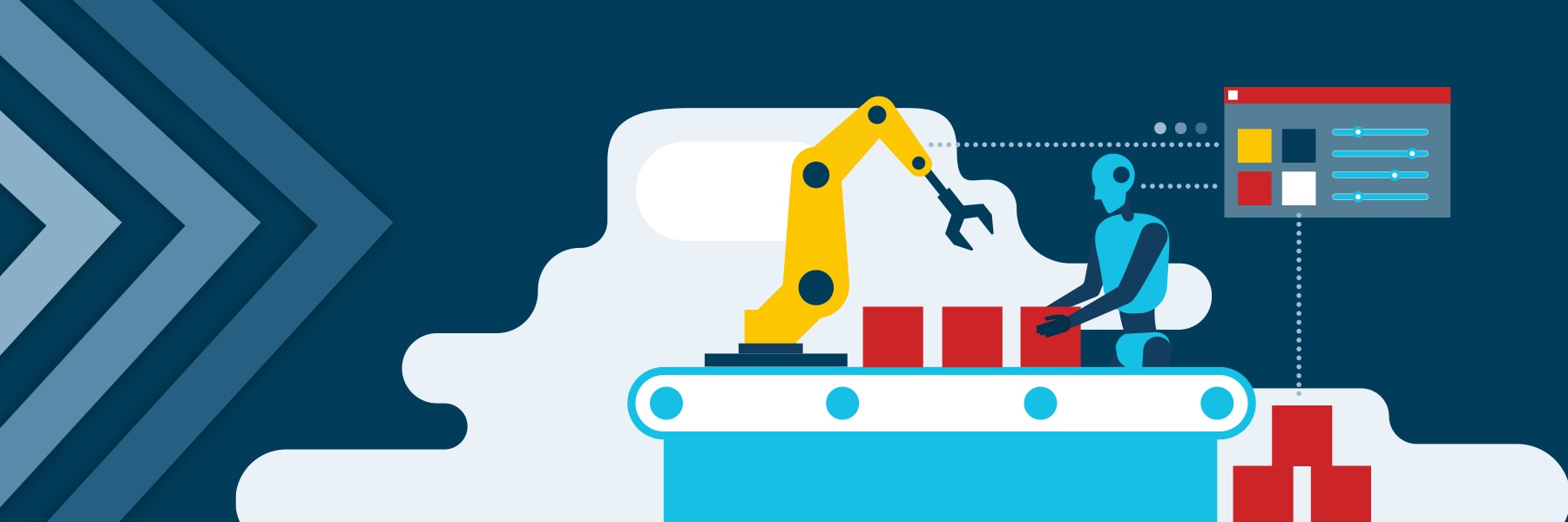 vector image of robot working on conveyor belt, with 3 blue chevrons entering from left