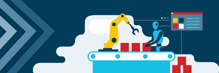 vector image of robot working on conveyor belt, with 3 blue chevrons entering from left