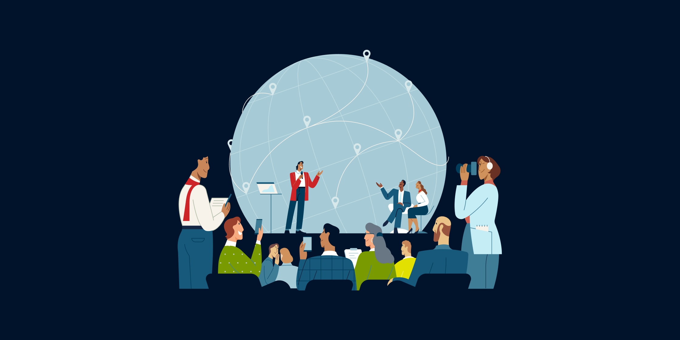 Illustration of speaker presenting at conference while audience members take notes and photos