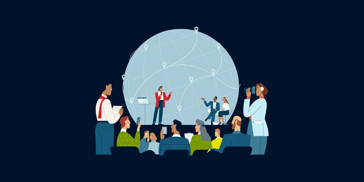 Illustration of speaker presenting at conference while audience members take notes and photos