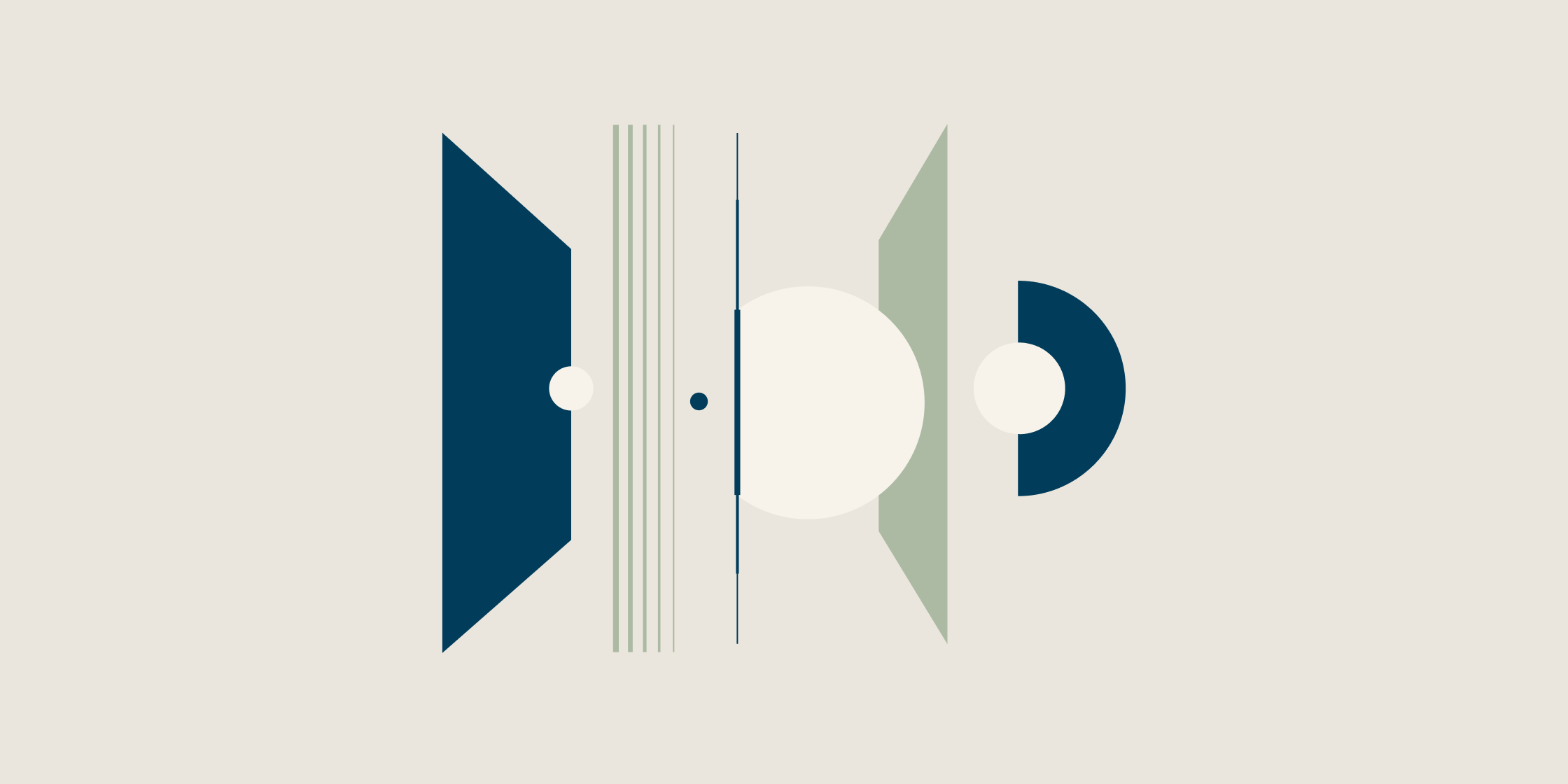Minimalist abstract geometric artwork featuring overlapping circles, vertical lines, and angular shapes in dark blue, sage green, and off-white on a light beige background.