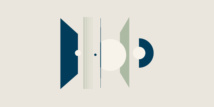Minimalist abstract geometric artwork featuring overlapping circles, vertical lines, and angular shapes in dark blue, sage green, and off-white on a light beige background.