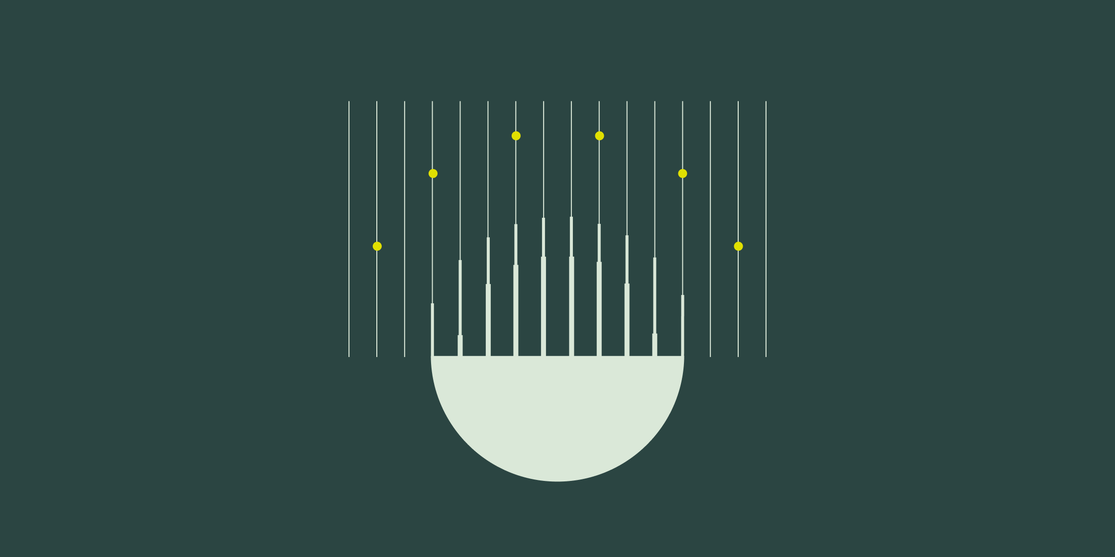Abstract geometric illustration on a dark green background, featuring a light green semicircle with vertical bars rising from its flat top, overlaid with thin white grid lines and six yellow dots arranged in an arc.