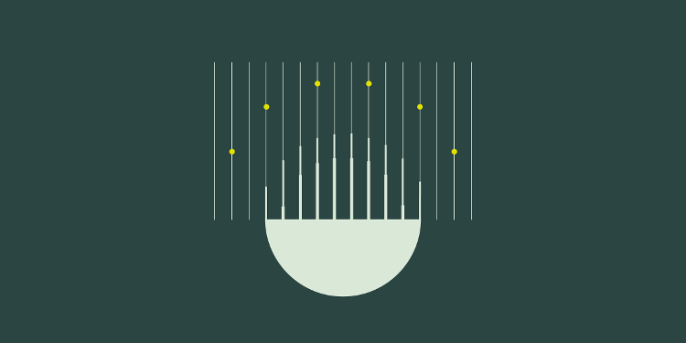 Abstract geometric illustration on a dark green background, featuring a light green semicircle with vertical bars rising from its flat top, overlaid with thin white grid lines and six yellow dots arranged in an arc.