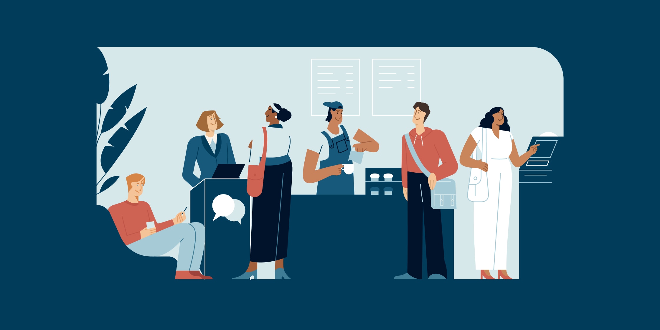 Animated group of people in a business marketplace setting