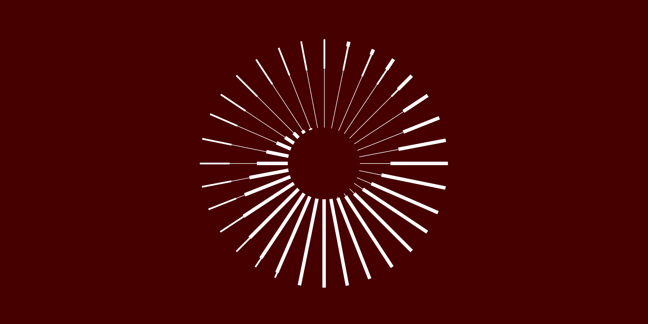 An abstract circular starburst graphic made of white radiating lines on a dark red background.
