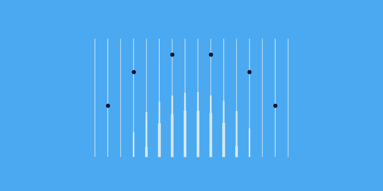 Abstract graphic on a blue background featuring vertical white lines, audio-equalizer-style bars and six dark blue dots arranged in an arch formation.