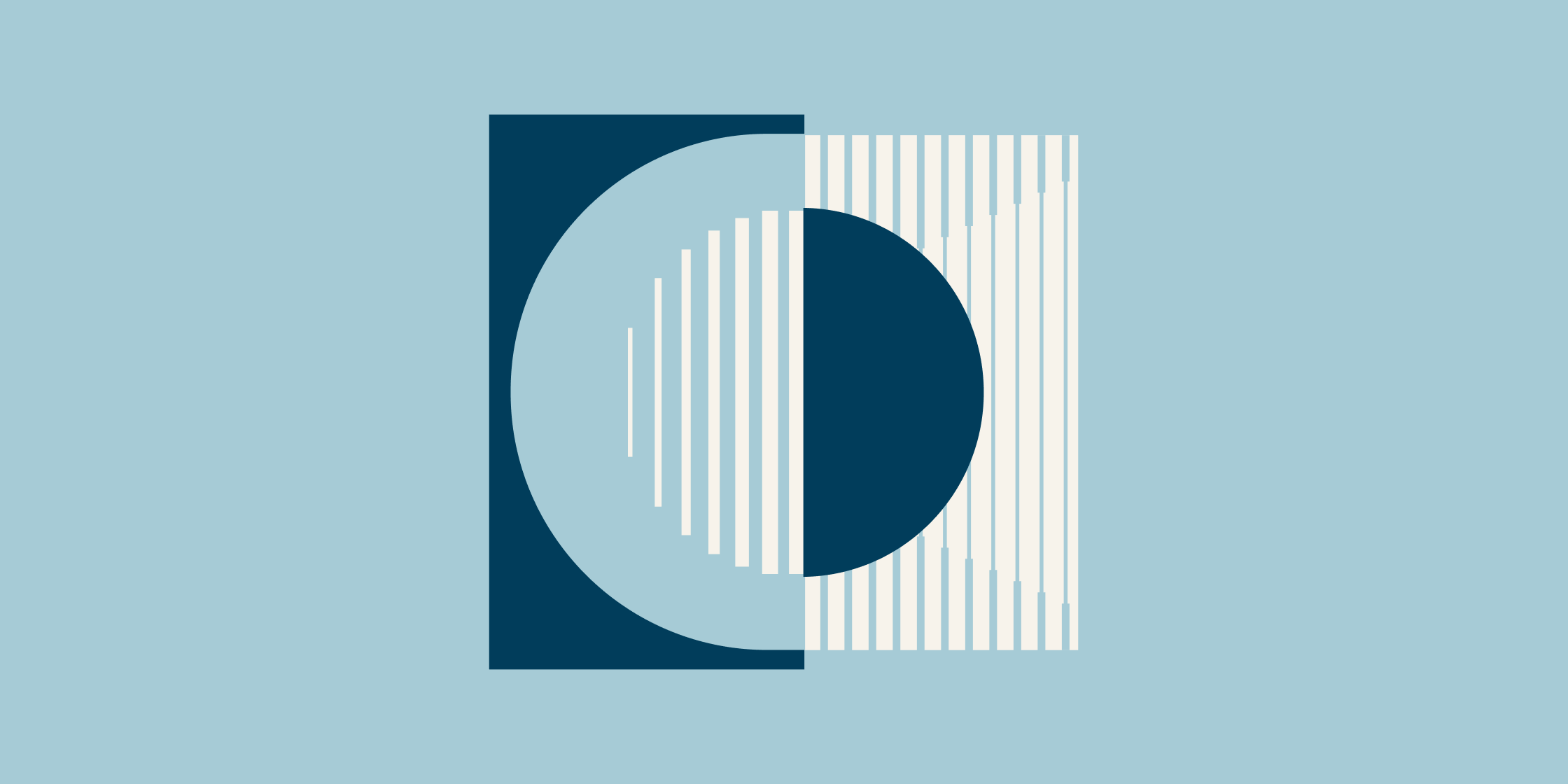 An abstract geometric graphic featuring a vertically split circle. The left half shows a light blue semi-circle on a dark blue rectangular background, while the right half features a dark blue semi-circle over vertical white stripes, all set against a solid light blue background.