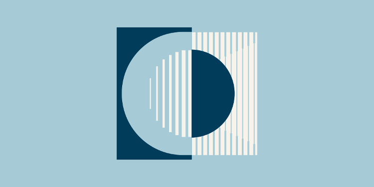 An abstract geometric graphic featuring a vertically split circle. The left half shows a light blue semi-circle on a dark blue rectangular background, while the right half features a dark blue semi-circle over vertical white stripes, all set against a solid light blue background.