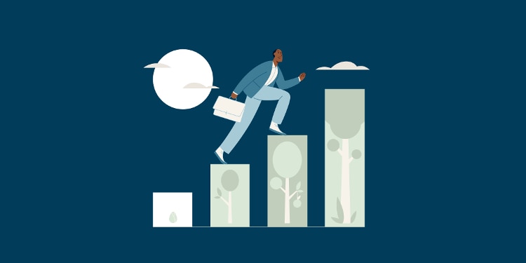 Illustration of man climbing up steps, with the steps depicting the sequence of a tree growing from a seed