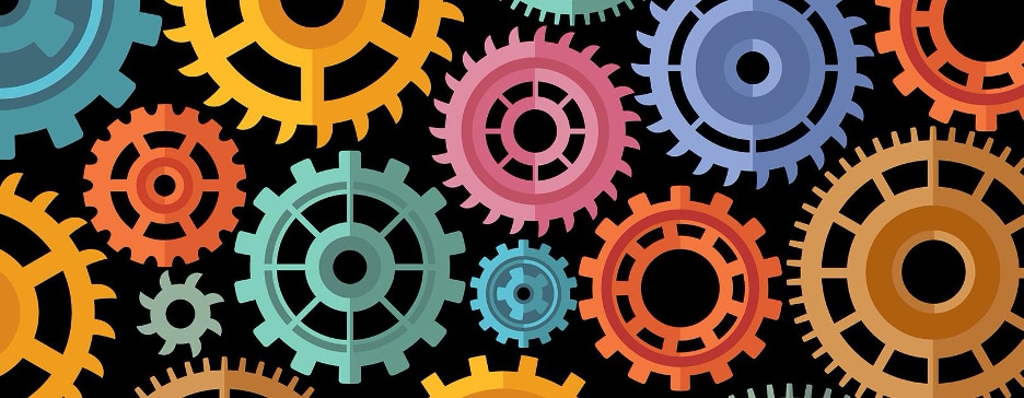 pink, orange, blue and purple gears on black background