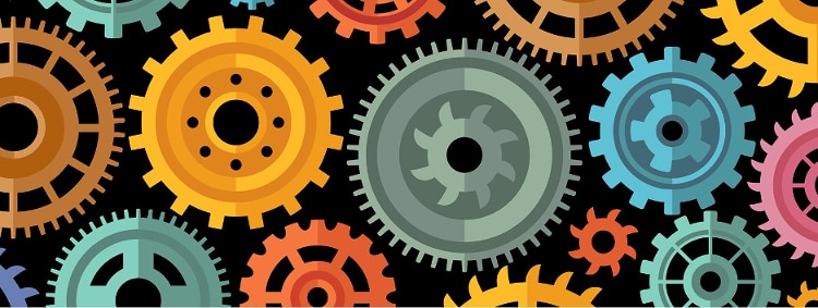 pink, orange, blue and purple gears on black background