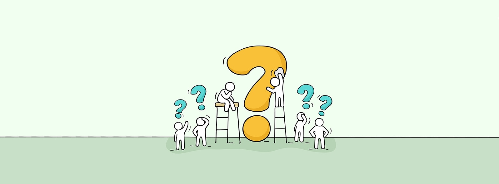 animated stick figures sitting on ladder and holding up green and yellow question mark bubbles