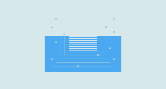 Abstract blue diagram with nested circuit-like lines and floating nodes representing data layers and identity access management