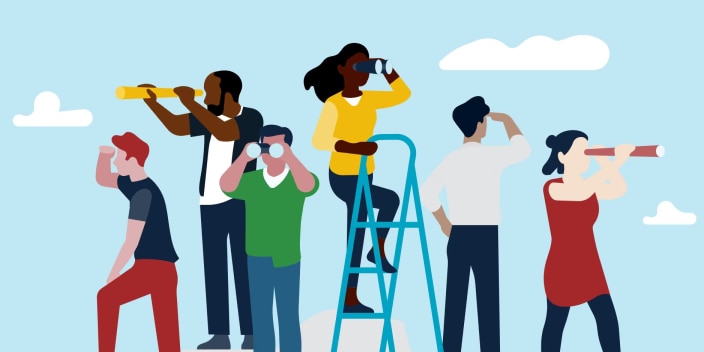 Illustration of men and women using telescopes and binoculars to look at sky