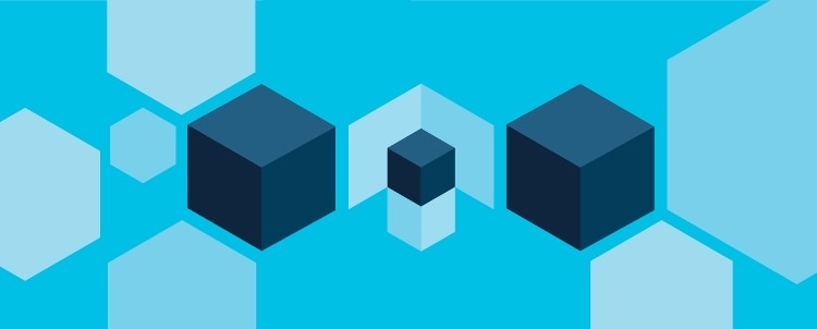 Indigo cubes and sky blue hexagons against a brillant blue background.