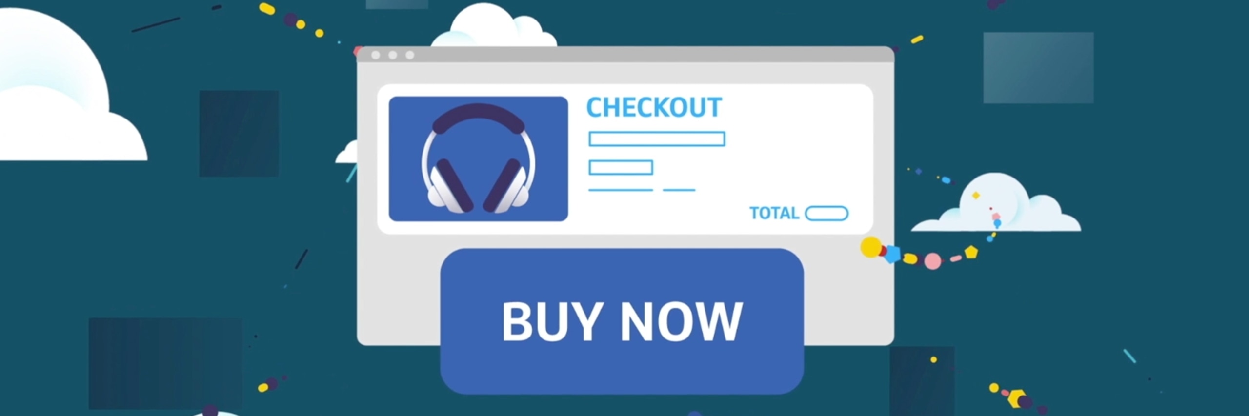 vector drawing of a checkout screen with black headphones and blue squares, with a dark teal background with white clouds scattered