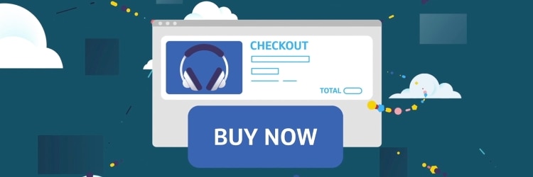 vector drawing of a checkout screen with black headphones and blue squares, with a dark teal background with white clouds scattered