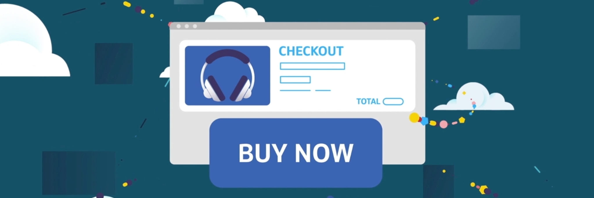 vector drawing of a checkout screen with black headphones and blue squares, with a dark teal background with white clouds scattered