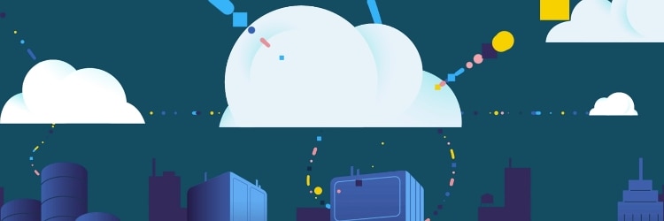 Vector drawing of clouds against a teal sky with a blue cityscape below