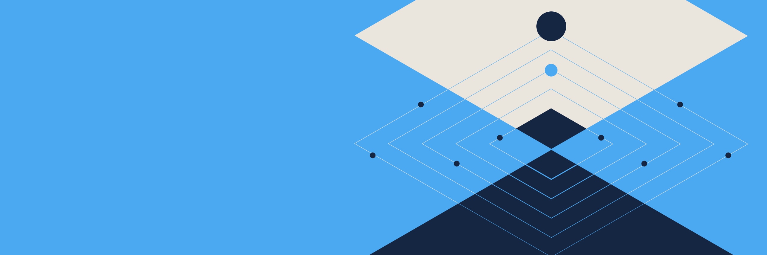 Abstract geometric background featuring a bright blue field with layered diamonds, fine grid lines, and node points on the right side in light beige and dark navy blue.