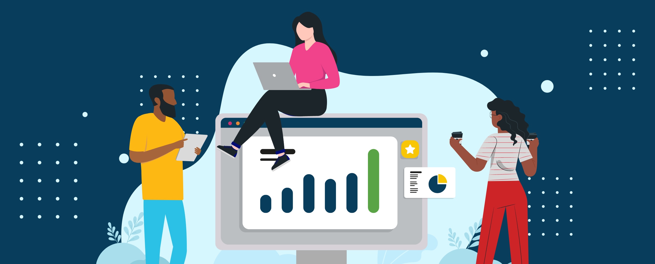 vector image of women and men sitting on a desktop with blue bar graph showing on screen