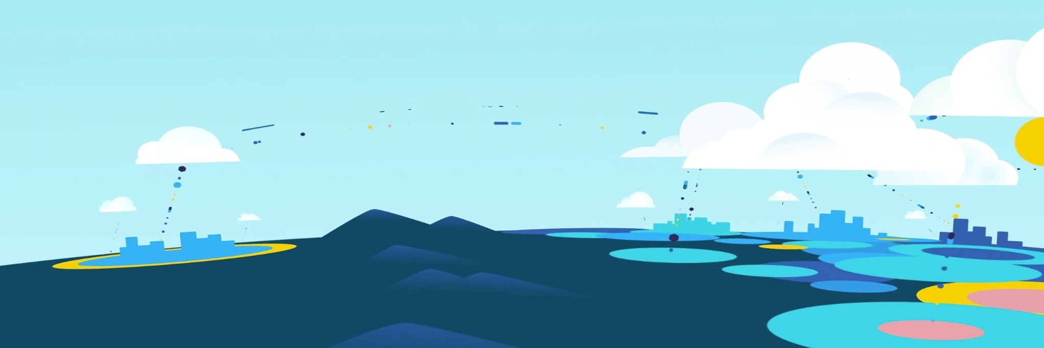 multicolored dots streaming from white clouds onto navy mountains and blue, yellow, and pink concentric circles