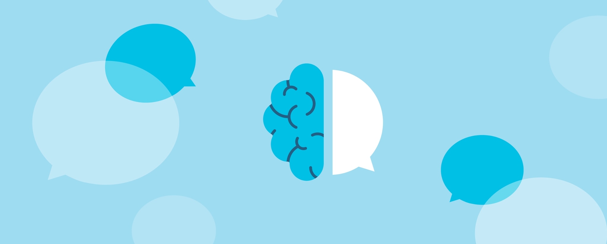 vector image of scattered blue thought bubbles, with a half brain/half thought bubble in the middle