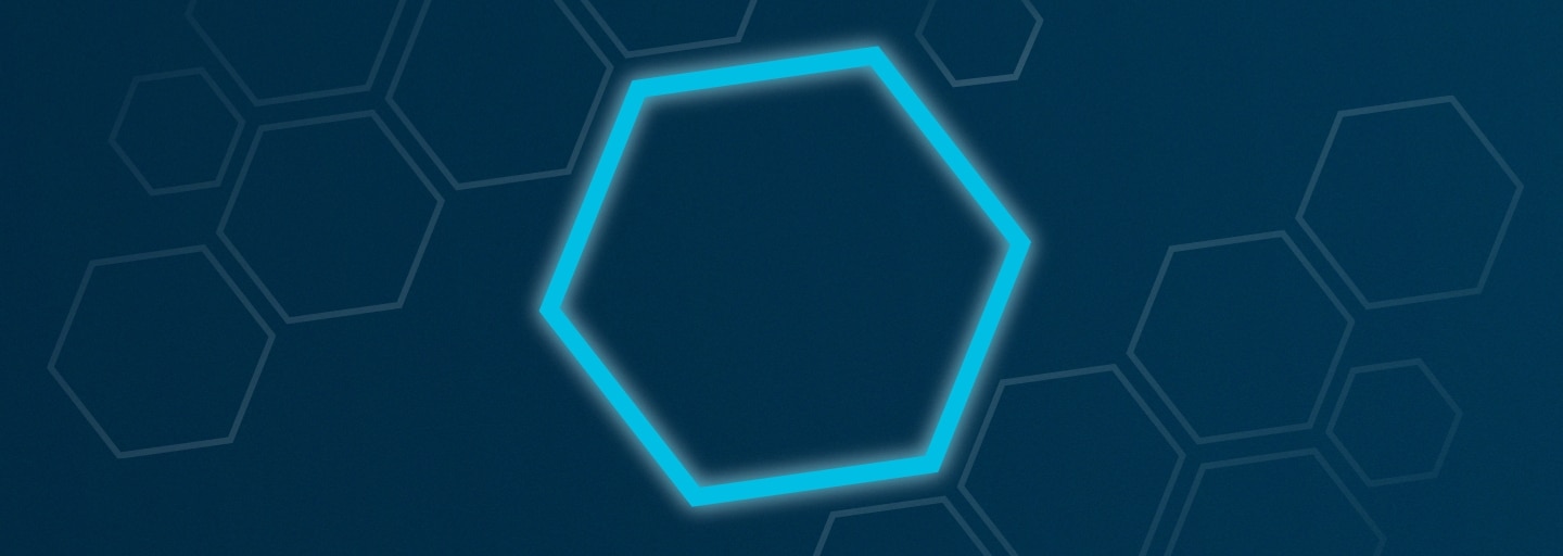 navy background with neon blue hexagon in middle