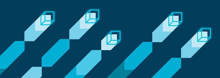 neon blue cubes shooting across a navy background