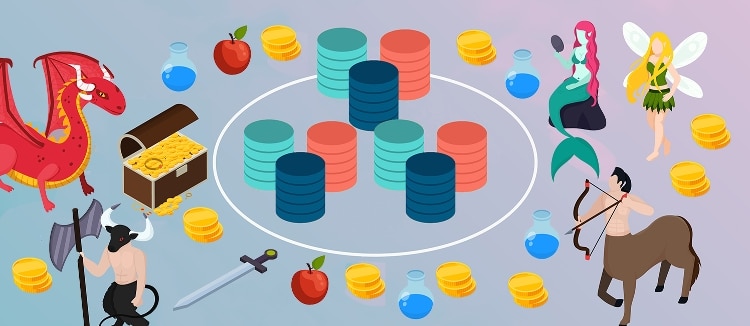 multiple characters surrounding multicolored cylinder containers