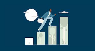 Illustration of man climbing up steps, with the steps depicting the sequence of a tree growing from a seed