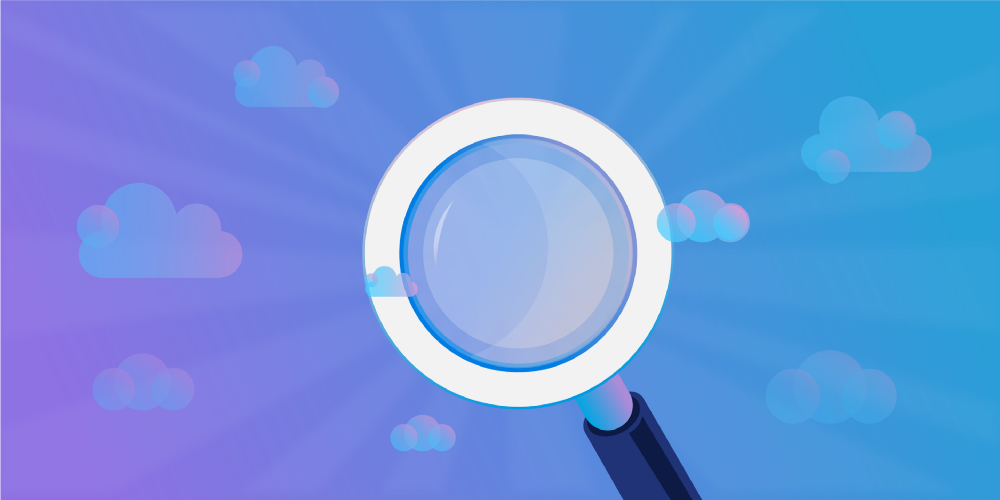 white magnifying glass with black handle examining an abstract blue-to-purple gradient sky with light blue and purple scattered clouds