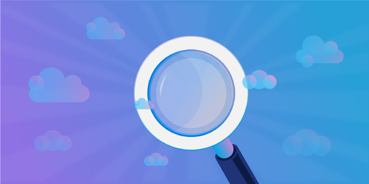 white magnifying glass with black handle examining an abstract blue-to-purple gradient sky with light blue and purple scattered clouds