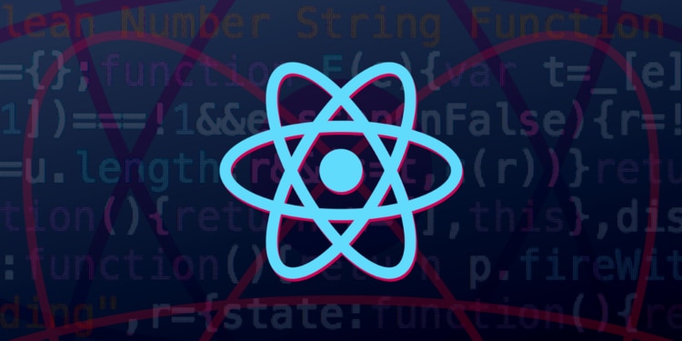 black background with grey code and turquoise blue atom