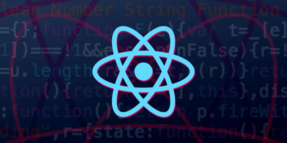 black background with grey code and turquoise blue atom