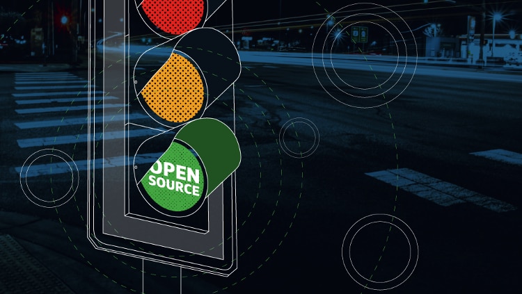 white crosswalk lines with black overlay and animated stoplights showing green and orange lights