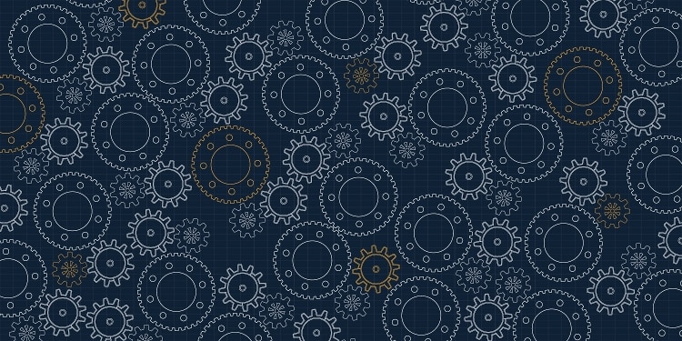 white and yellow gears on black background