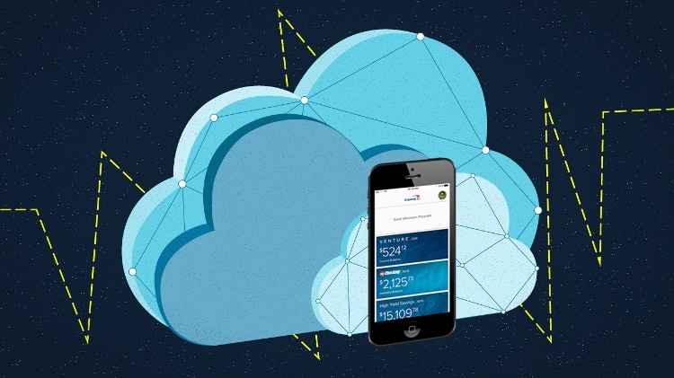 blue clouds behind a phone with screen showing credit card amounts with black background with yellow zig zag lines