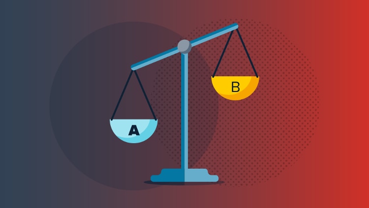 blue and red gradient background with a blue balance scale with light blue and yellow scales