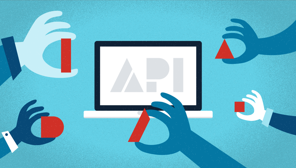 white computer screen with blue hands holding red shapes reaching towards it