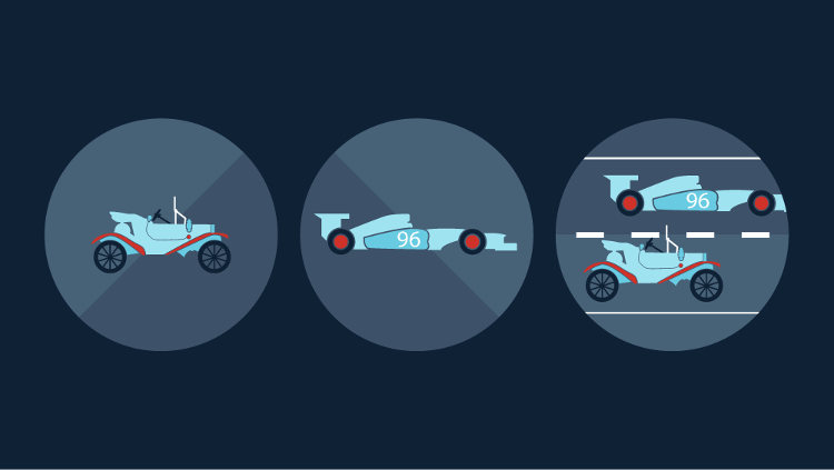 black rectangle with 3 navy circles in it with blue racecar, blue tractor, and racecar + tractor in middle of each one