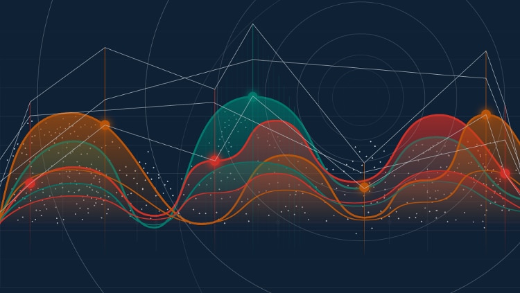 bell curve with multiple peaks in orange, red, and blue, with black background and white gridlines connected points on the curves