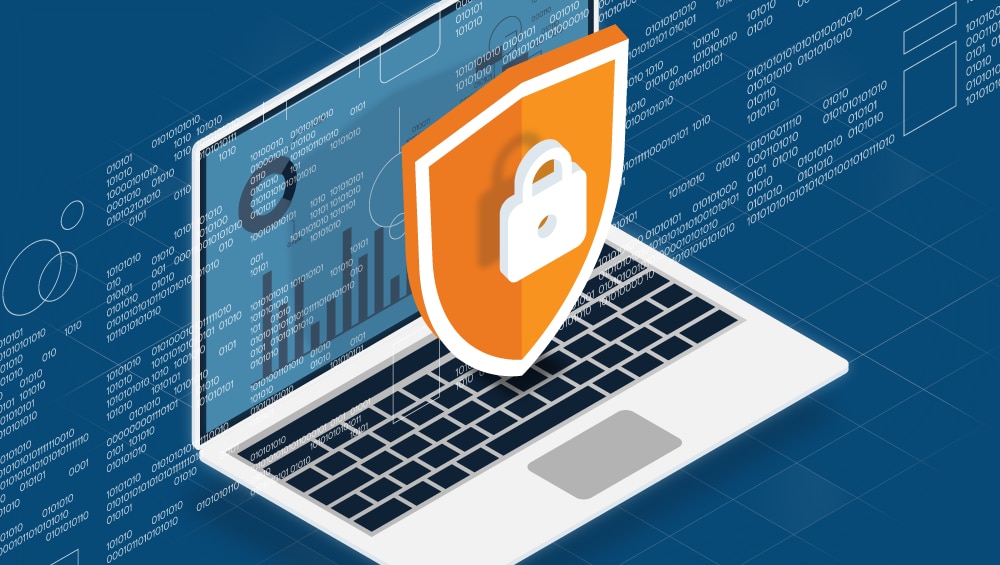 grey computer with blue screen with white code, with large orange and white shield with a lock on it hovering above the black keyboard. background is blue with lines of white code scattered around the computer