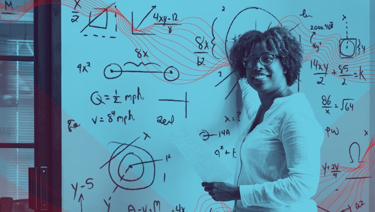 woman smiling and standing in front of a whiteboard with black text. there is a blue transparent image treatment with abstract red wave lines over the image.