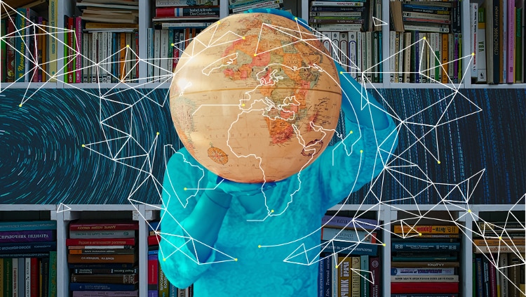 figure in transparent blue hue standing in front of blackboard with blue circular lines. figure is holding a tan globe with pink, blue, and orange continents up to its head. there are white abstract lines making up the outline of a continent in on top of the image.